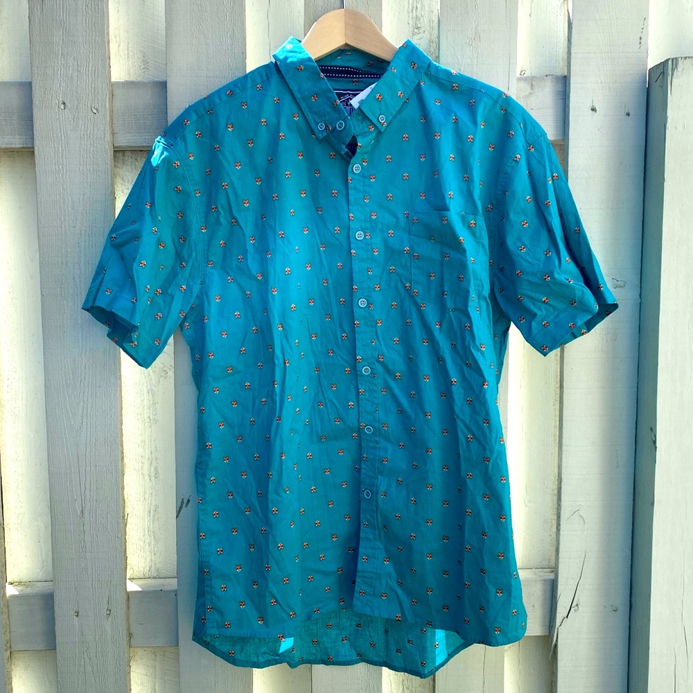 Teal Fox Print Button Down